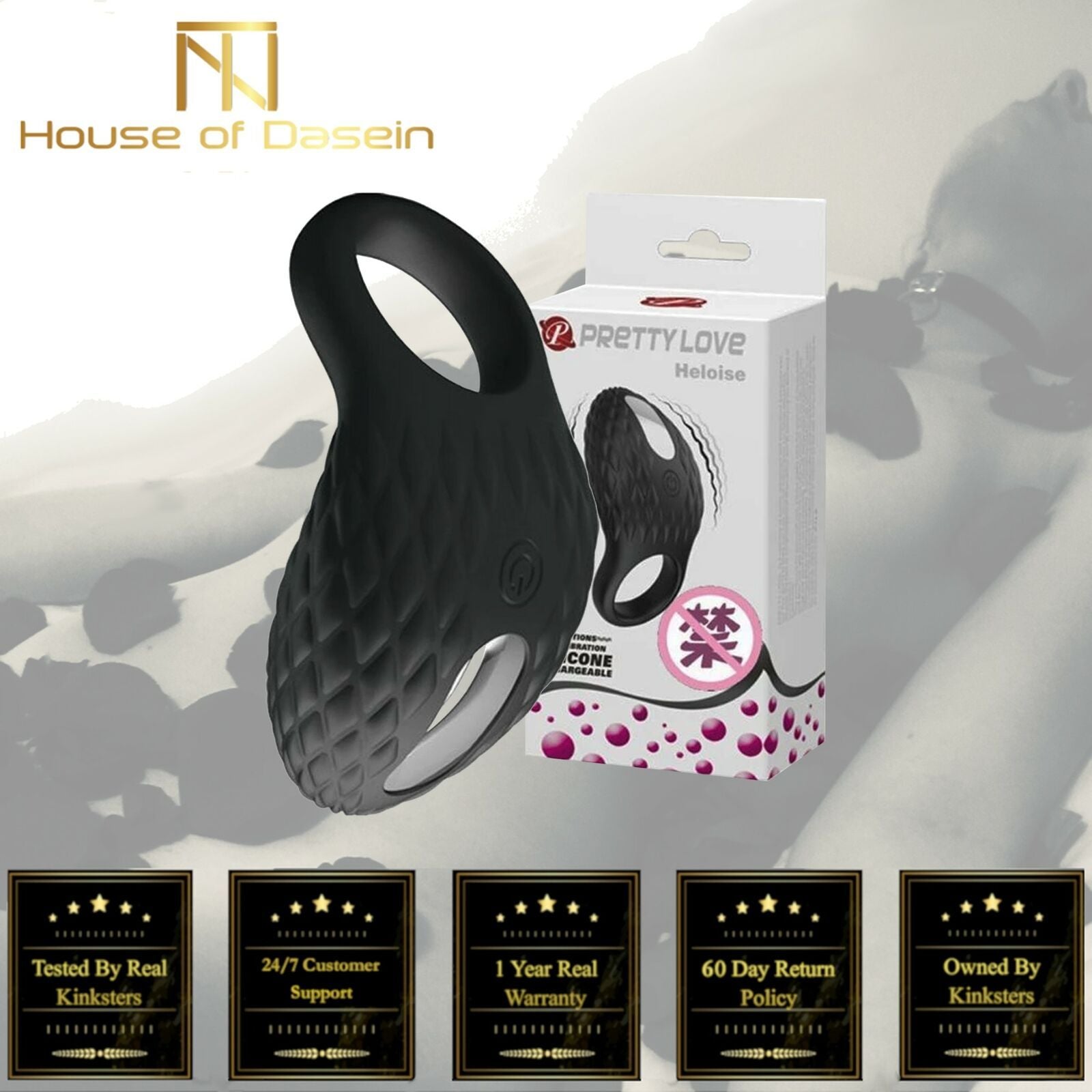 House Of Dasein Powerful Black Cock Vibrator Silicone Waterproof Rechargeable Penis Ring - Black