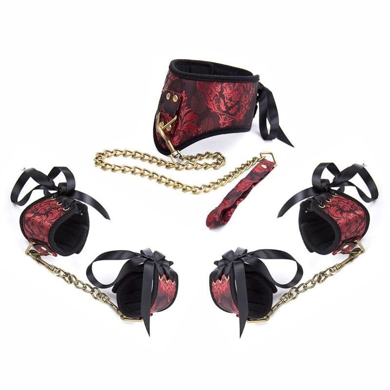 House Of Dasein Elegant Bdsm Kit Red Collar Leash Cuffs Bondage Restraints - Red