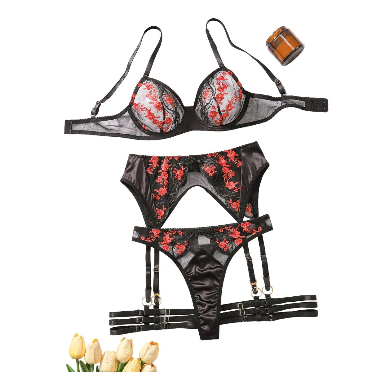 House Of Dasein Mesh Embroidery Splicing Underwear Garter Belt Sexy Four Piece Set - Black And Red - M Main image