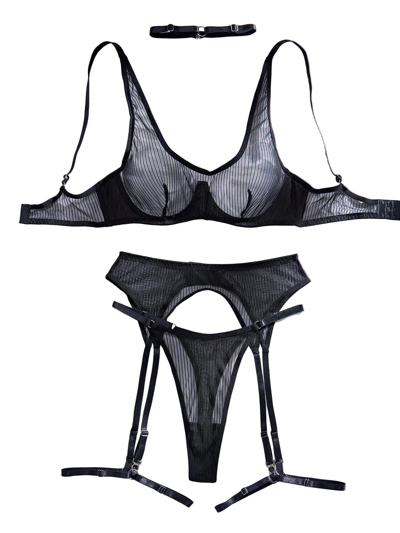 House Of Dasein Vertical Pattern Perspective Mesh Sexy Underwear Garter Belt Leg Ring Set - Medium