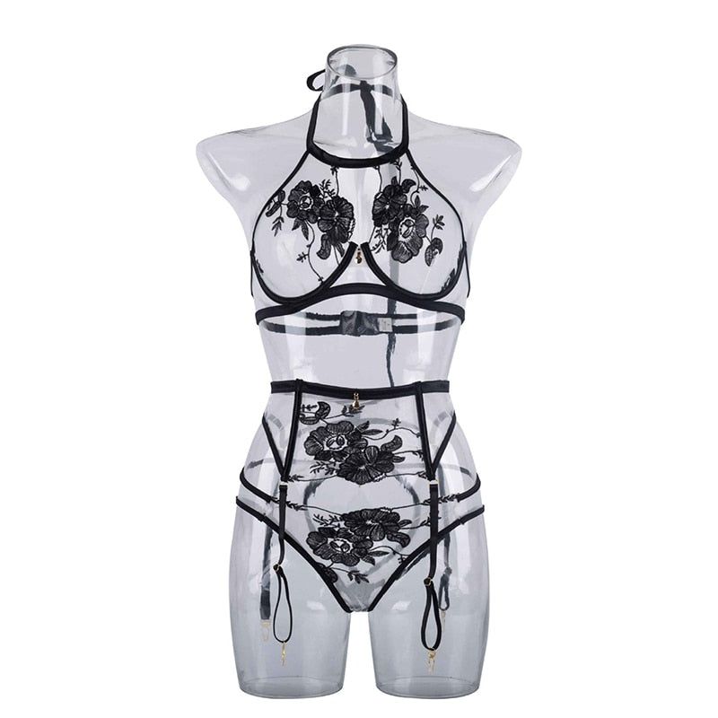 House Of Dasein 3 Piece Sexy Black Floral Transparent Halter Bra Panties Lingerie Set Women - Xl Main image