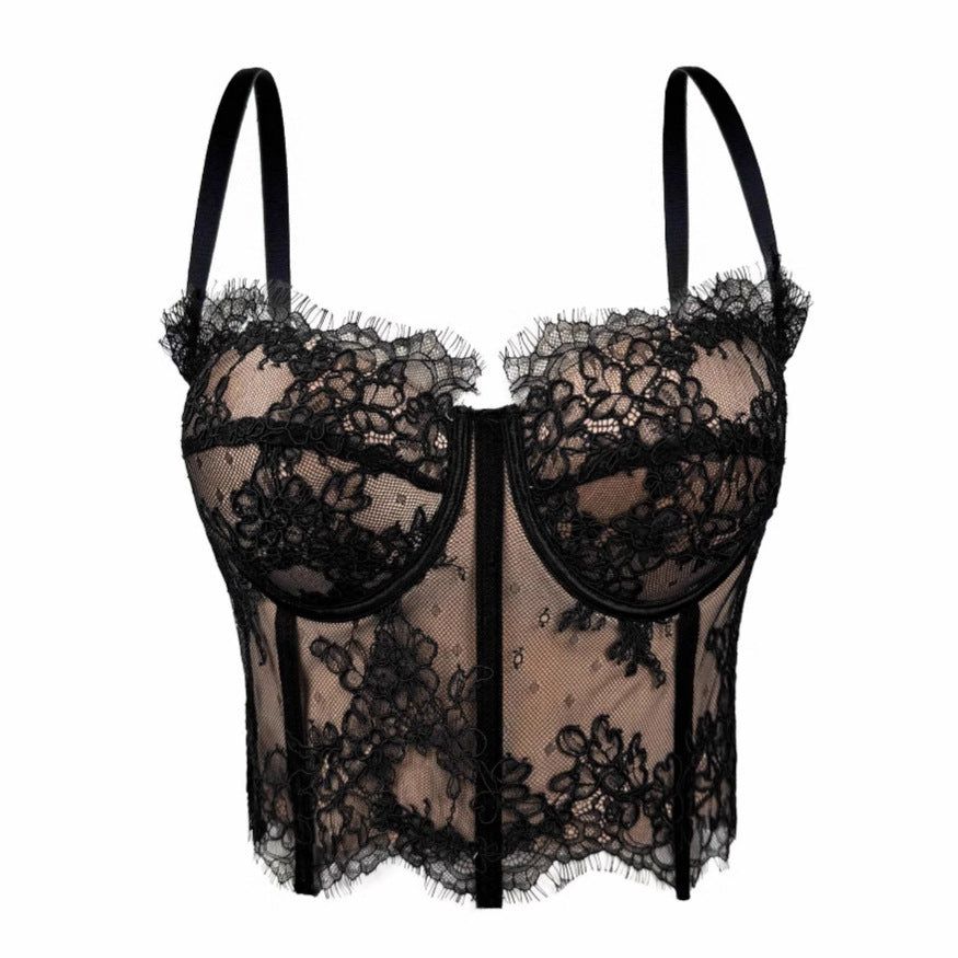 House Of Dasein French Lace Sexy Strapless Camisole Elegant Fitted Bra With Padded Boning Slimming Top For Women - Black - 40C/90