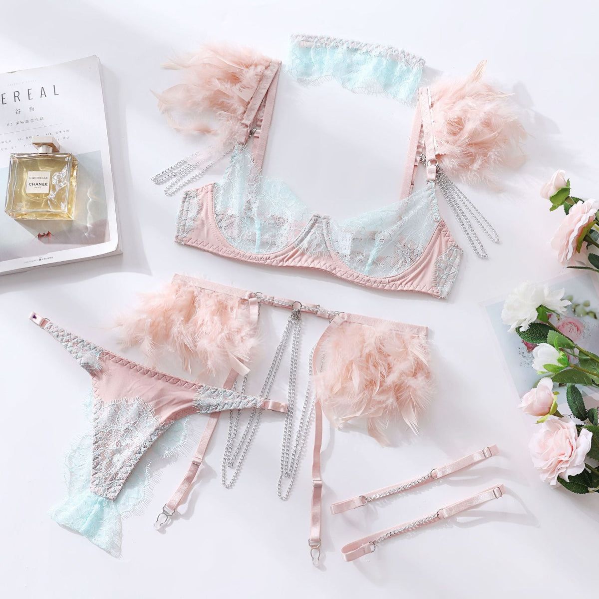 House Of Dasein Feather Sexy Lingerie Lace Chain Bra Set European & American Transparent Mesh Suit - Peach - L
