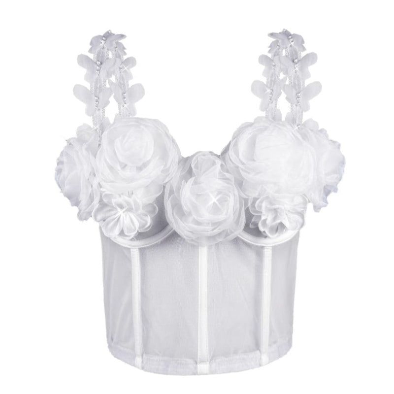 House Of Dasein French Style Charm Strapless Top Women's Outerwear Vintage 3D Pearl Flower Boned Bustier Blouse - White - 34B/75