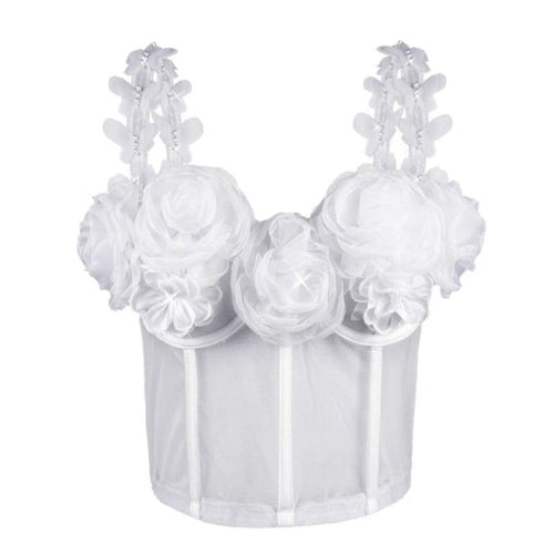 House Of Dasein French Style Charm Strapless Top Women's Outerwear Vintage 3D Pearl Flower Boned Bustier Blouse - White - 34B/75