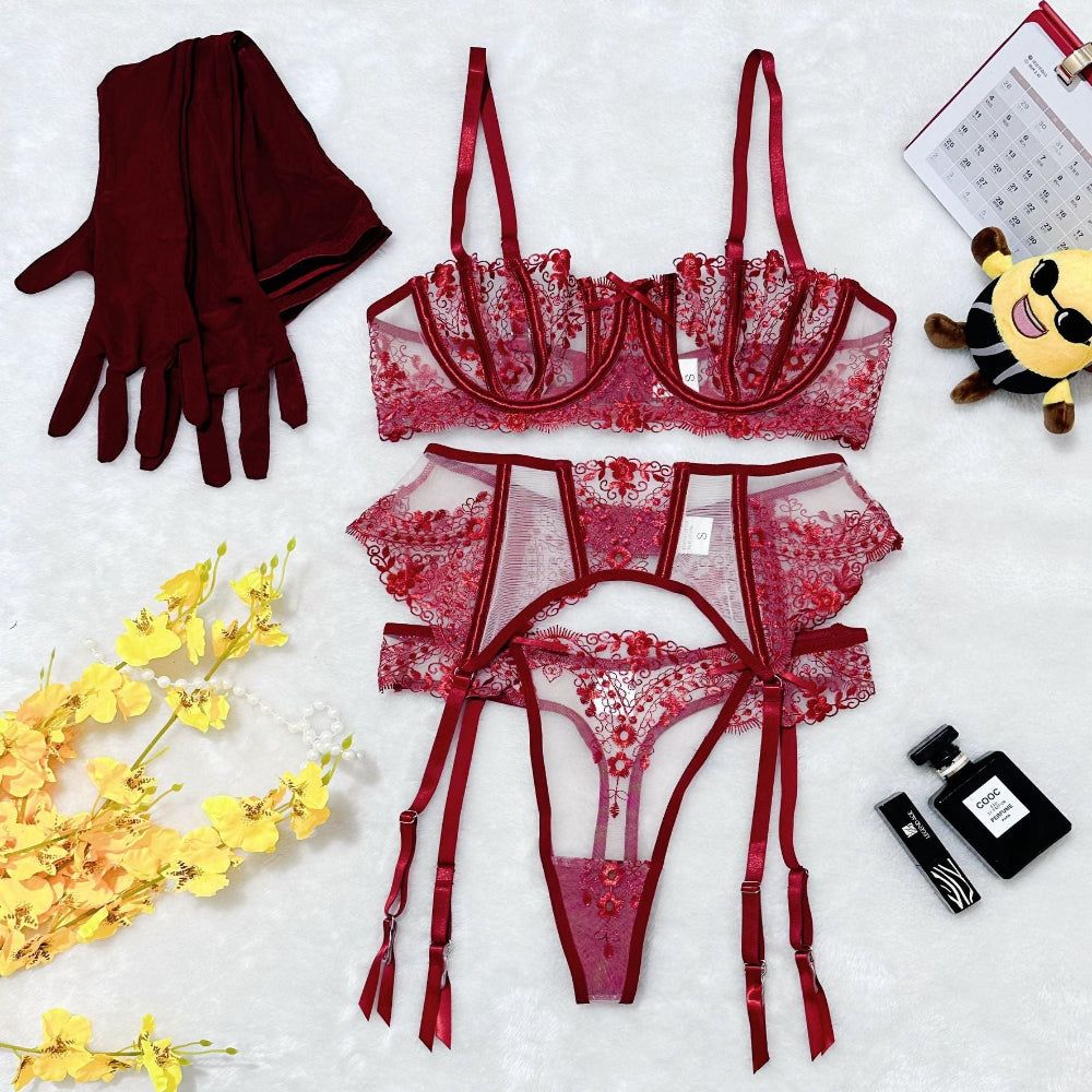 House Of Dasein Floral Embroidery Patchwork Sheer Mesh Sexy Lingerie Set For Women - Wine Red - Xl