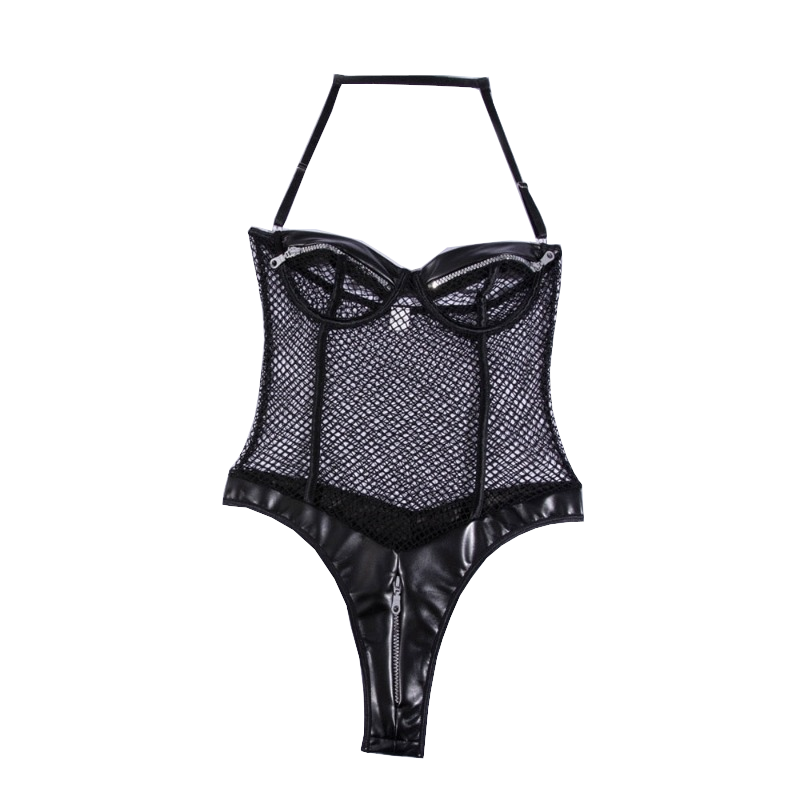 Hod Health & Home Sexy Black Zipper Fishnet Halter Neck Open Crotch Bodysuit Women - S