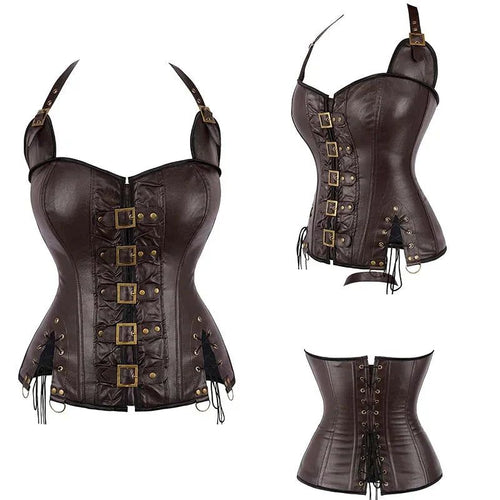 House Of Dasein Steampunk Corselet With Zip & Buckle Women Gothic Fishbone Corset Brown Xs
