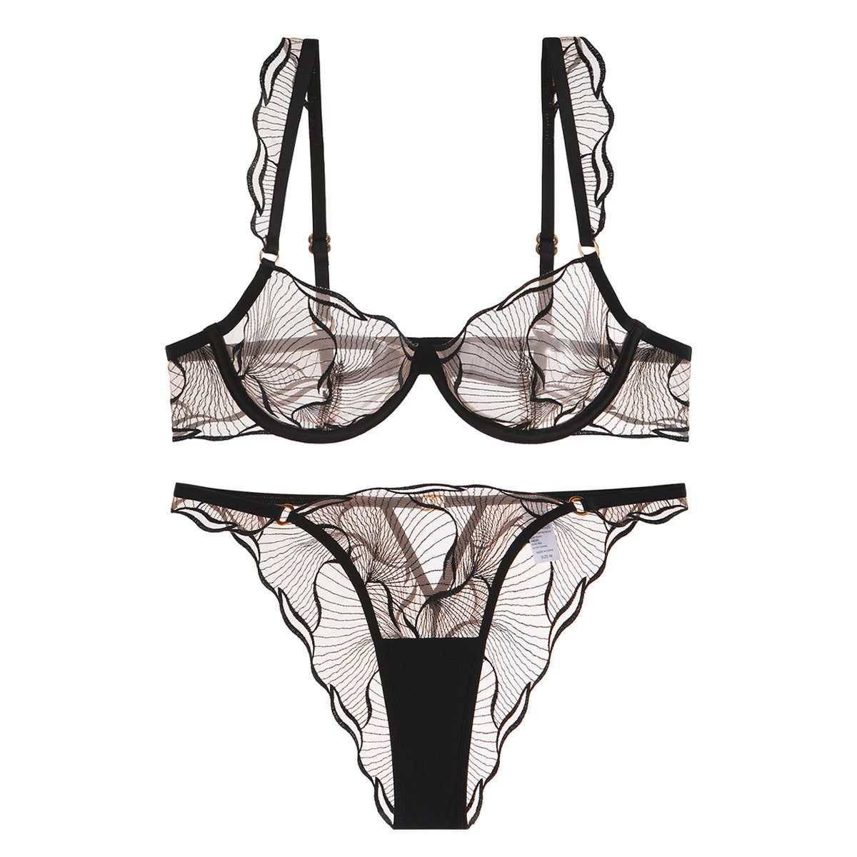 Style Lingerie Sexy Ultra Thin Pure Desire Embroidered Lace Bra Set For Large Breasts And Plus Size - Black + Briefs - S Main image