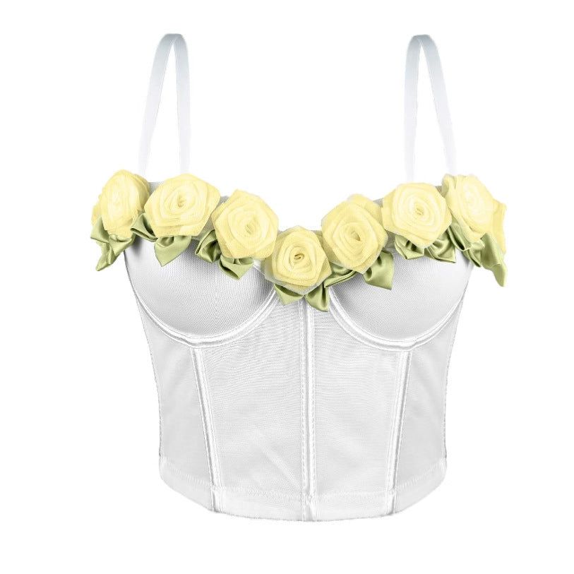House Of Dasein Sexy French Style High-Grade Strapless Top Rose Mesh Gathered Fishbone Bustier For Women - White - 36B/80