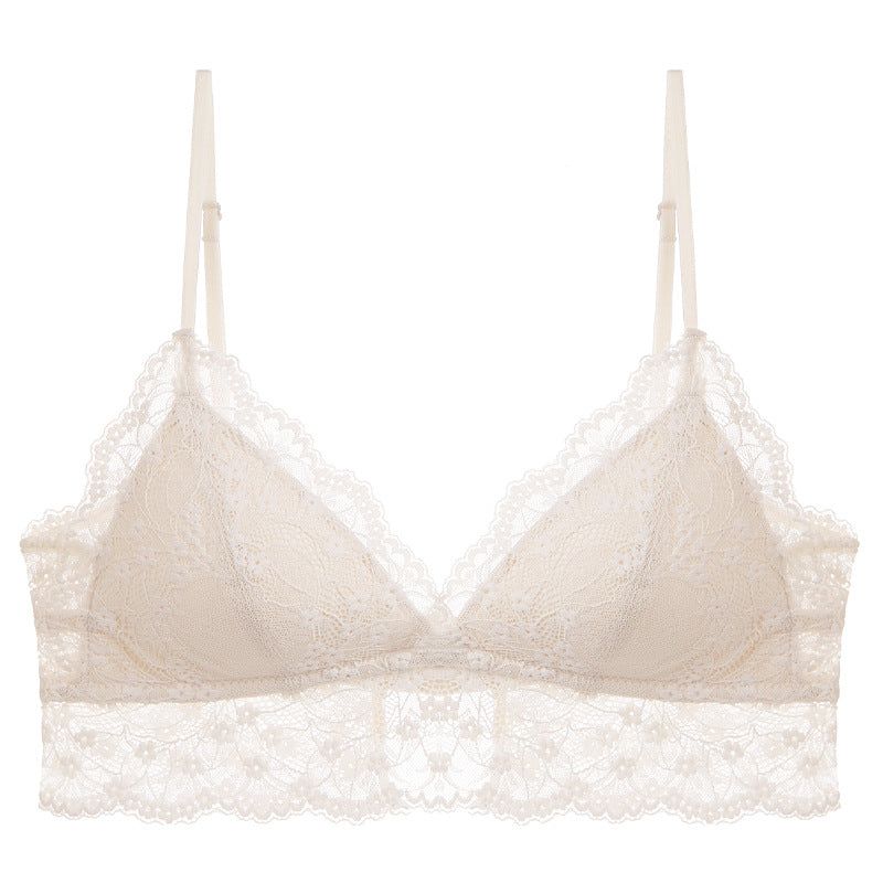 Sexy Lace Bra Set For Women French Style Thin Strap Backless Triangle Cup Wireless - Apricot Top - L