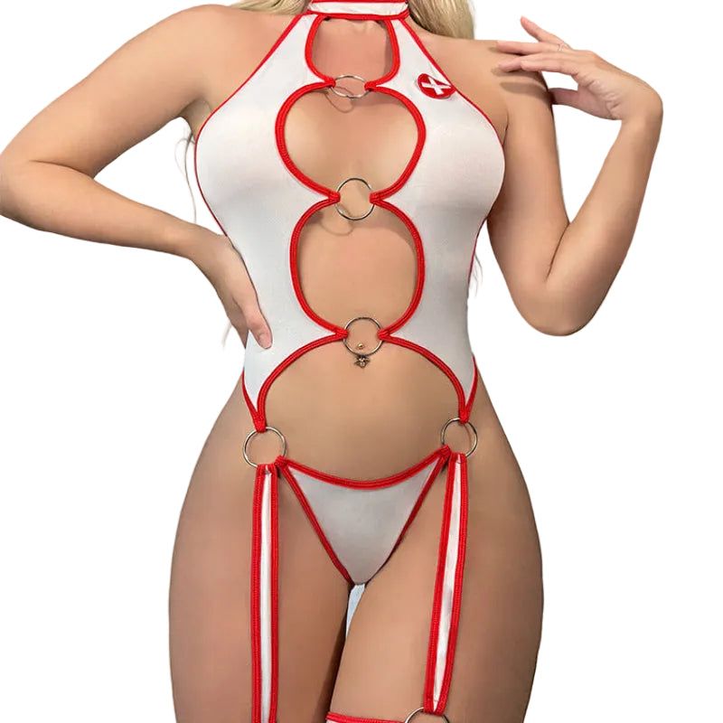 House Of Dasein Sexy Hollow Out Backless One Piece Suit With Neck Hanging Strap And Nurse Temptation For Overseas - White - Xxl