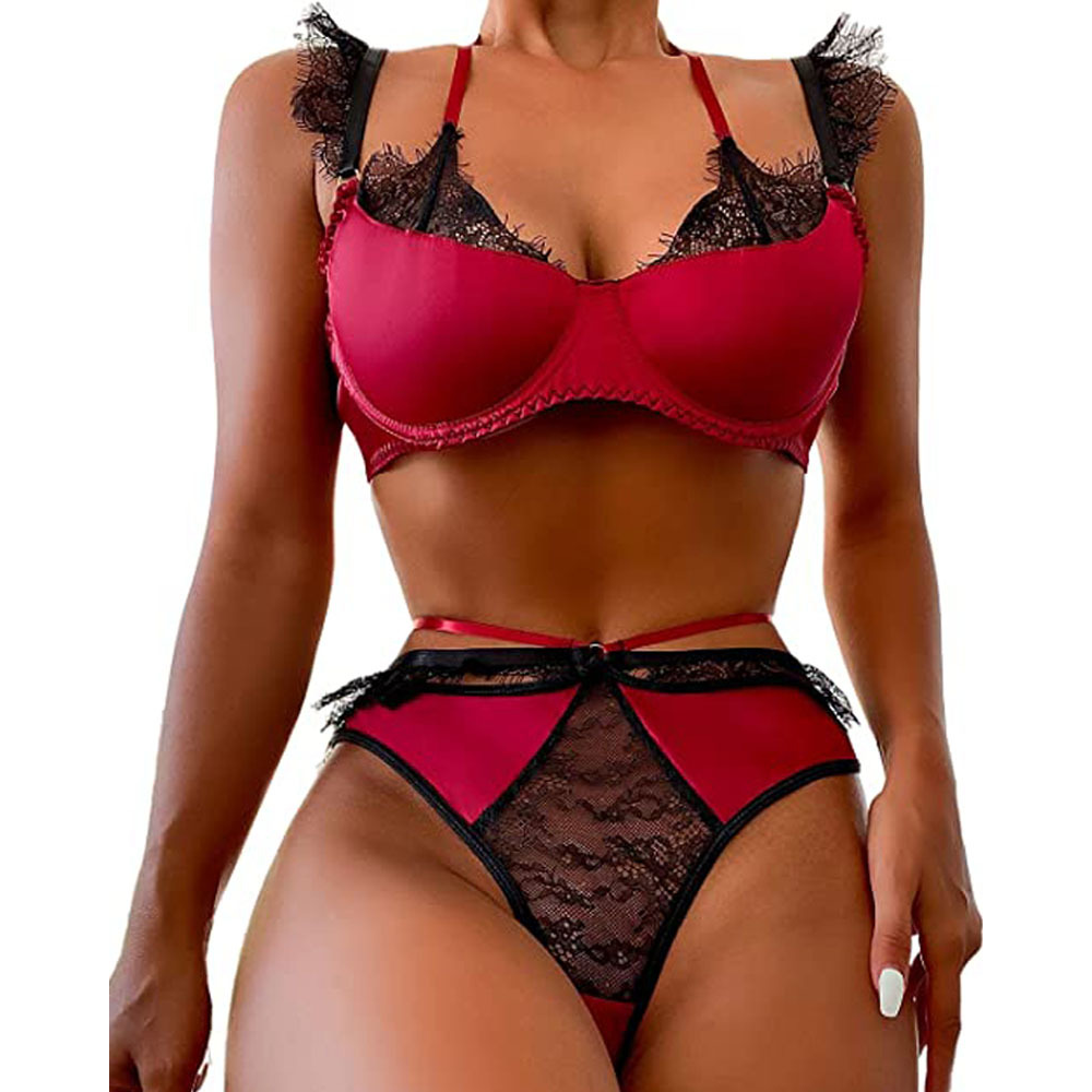 Lace Bra Set With Eyelash For Sexy Look - Red - Xl