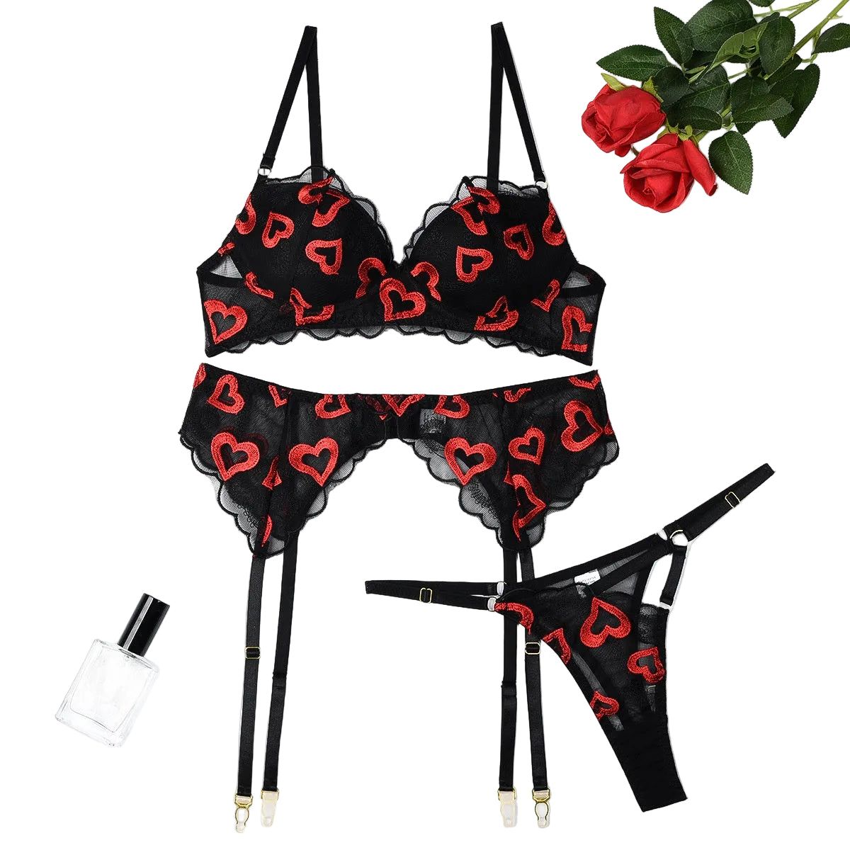 House Of Dasein Red Lips Embroidery Gathered Molded Cup Sexy Three Piece Set - L - Heart Embroidery
