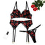 House Of Dasein Red Lips Embroidery Gathered Molded Cup Sexy Three Piece Set - L - Heart Embroidery