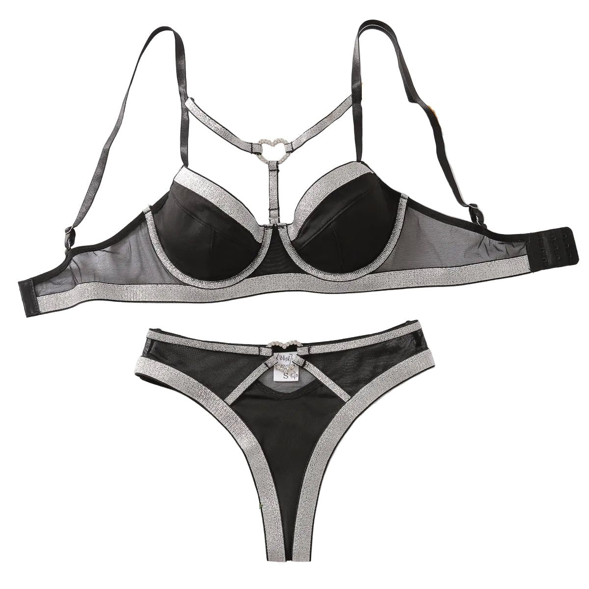 House Of Dasein Sexy Strap Small Chest Gathering Bra Set Two Piece Lingerie - Black And Silver - L