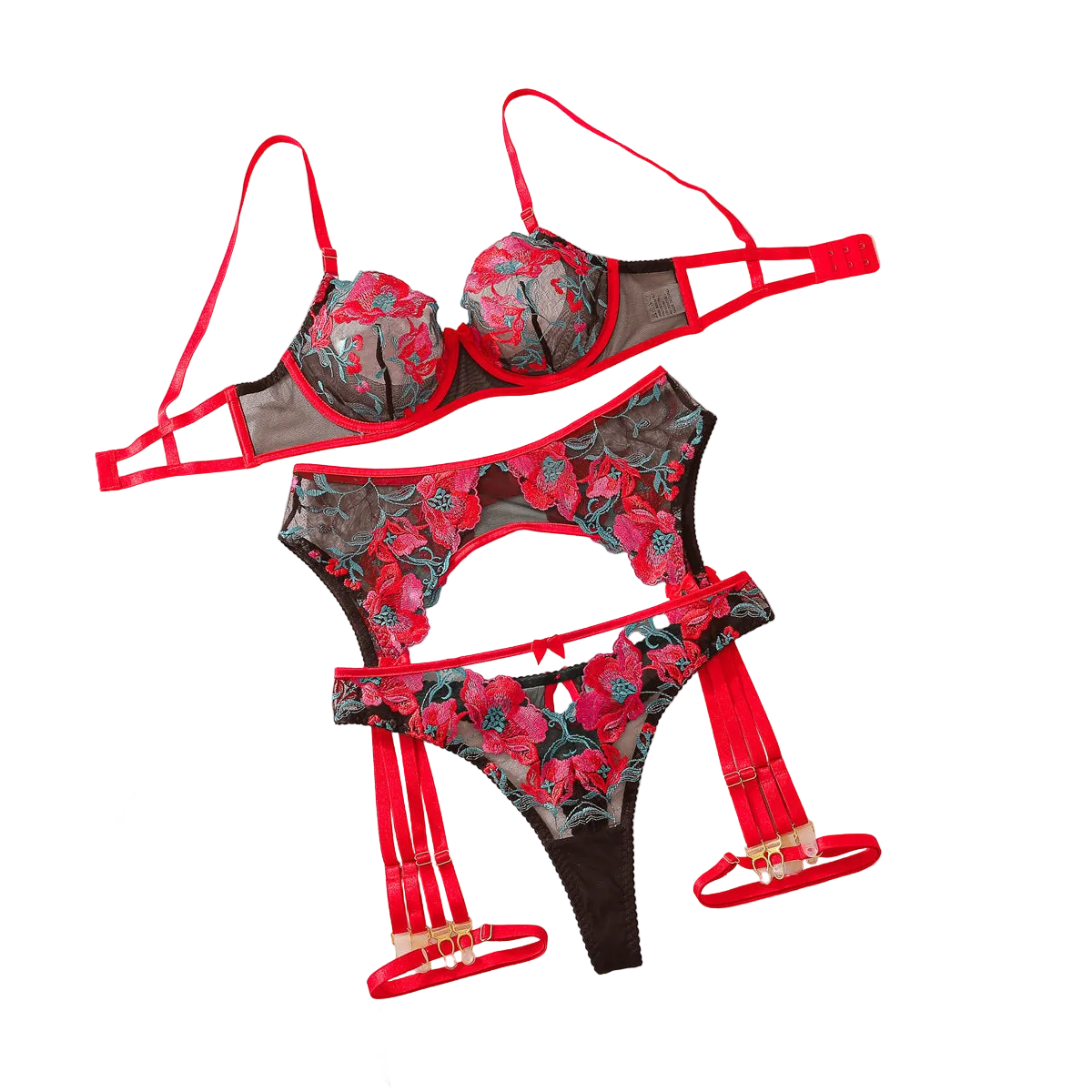 House Of Dasein Sexy Mesh Embroidered Bra Set With Hollow Out Perspective Four Piece Lingerie - Black And Red - M