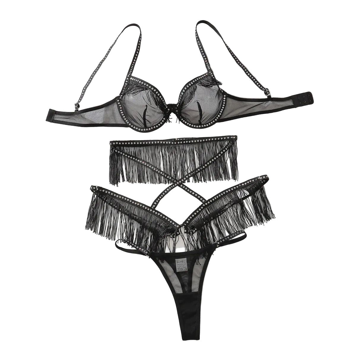 House Of Dasein Sexy Hollow Perspective Lingerie Three Piece Set - Black - L