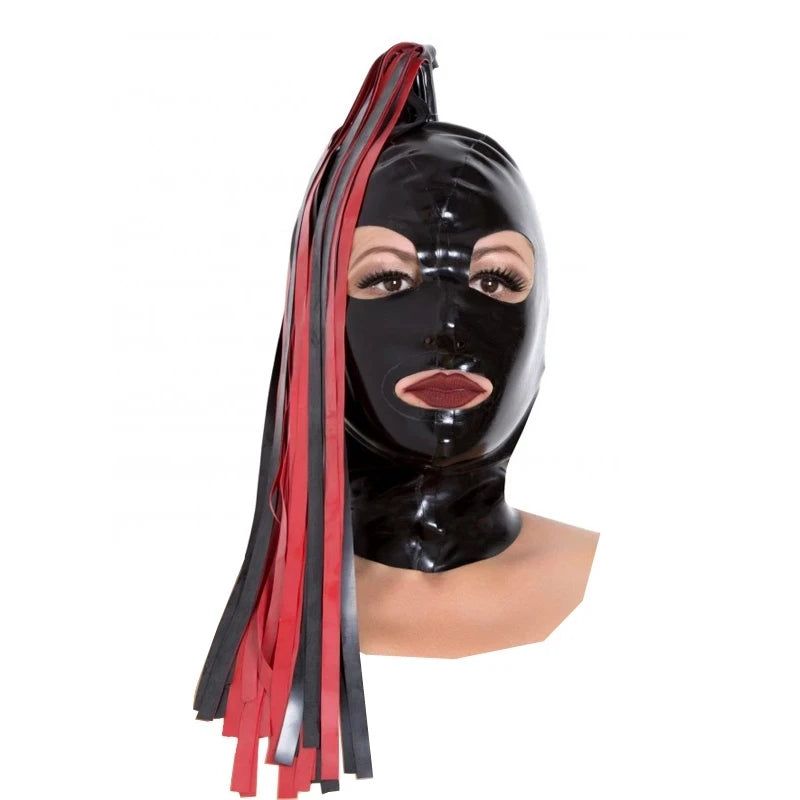 House Of Dasein Latex Fetish Hood Unisex Black Red Tassells - Black - Xxl Main image