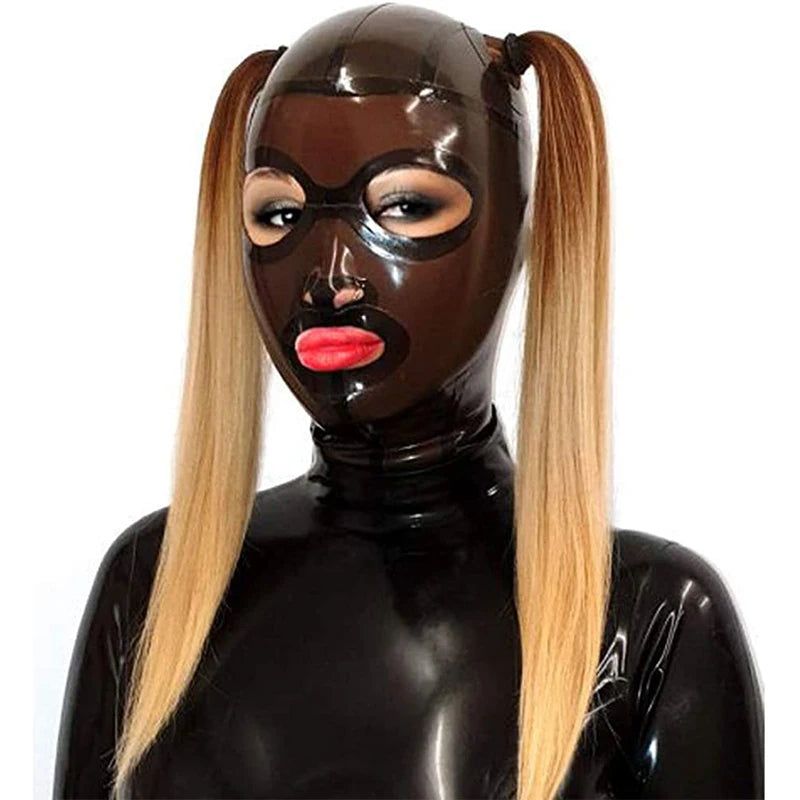House Of Dasein Latex Hood Mask Holiday Rubber Full Face Open Eyes Double Holed Ponytail - Transparent Black - Custom Made