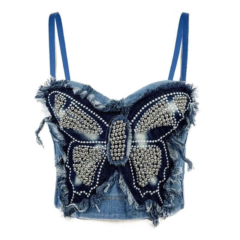 House Of Dasein Cross Border Butterfly Strapless Bra With Unique High End Feel Fitted Spliced Denim Boned Bustier Camisole - Blue - 40C/90