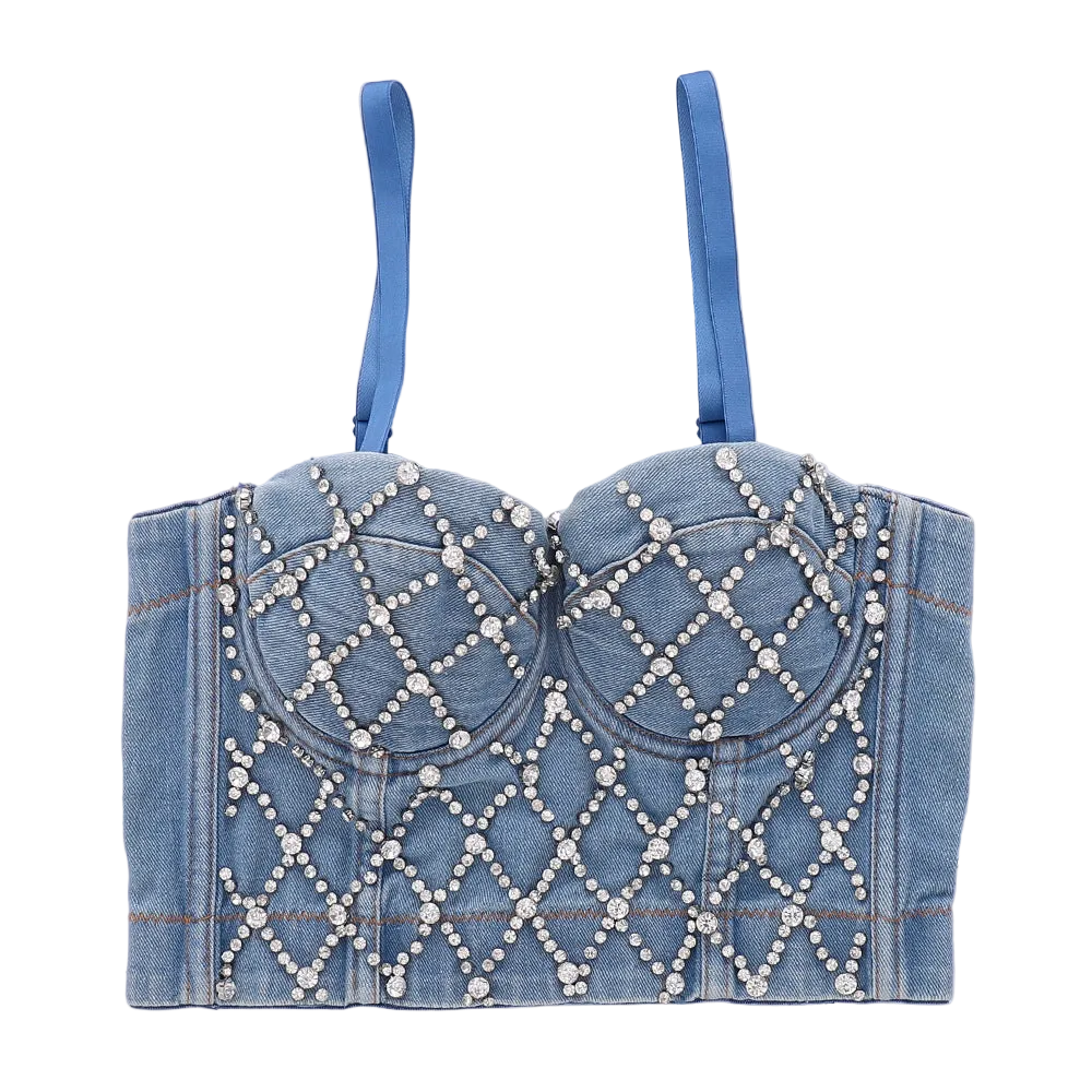 House Of Dasein Denim Tube Top With Built In Pads And Shaping Open Back Beaded Strapless Camisole For Women - Denim Blue - 34B/75