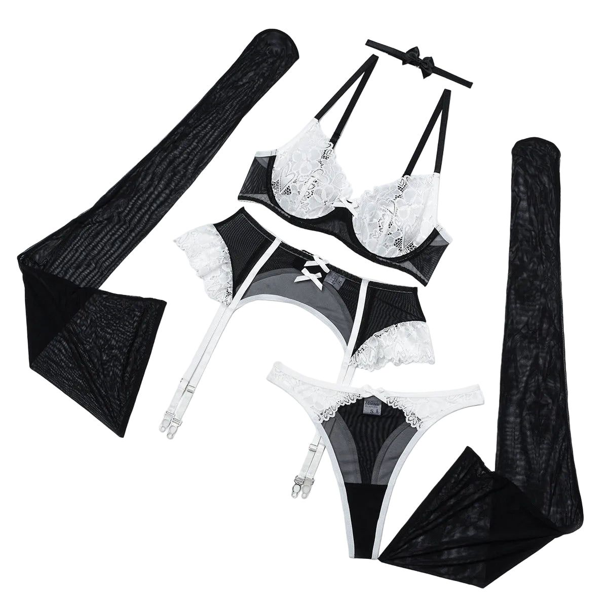 House Of Dasein Lace Bra Patchwork Contrasting Lingerie Maid Outfit With Steel Rim - Black And White - M Main image