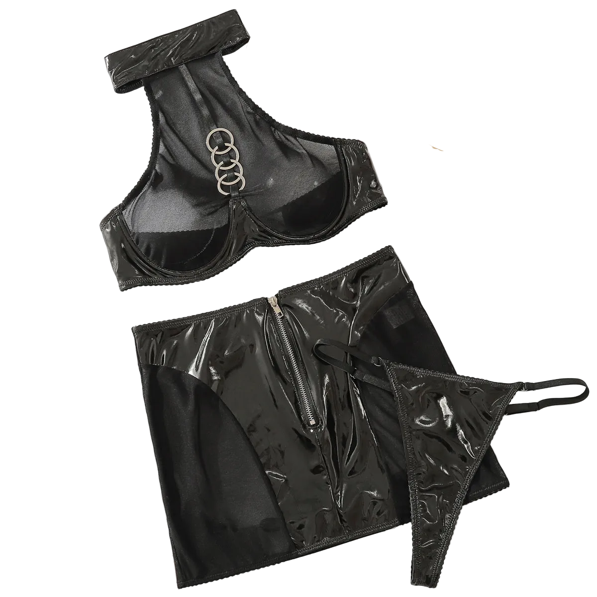 House Of Dasein Perspective Sexy Hollow Out Backless Hanging Neck Gathering Fun And Lingerie Three Piece Set - Black - M