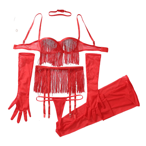 House Of Dasein Perspective Tassel Hollowed Out Lingerie Set No Take Off Seductive Six Piece - Red - M