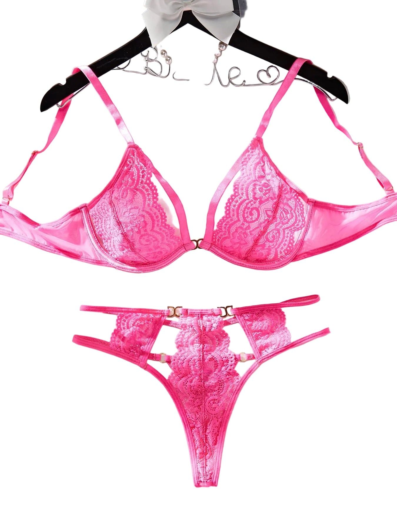 House Of Dasein Lace Splicing Hollow Perspective Design Sexy Lingerie Two Piece Set - Rose Red - L Main image