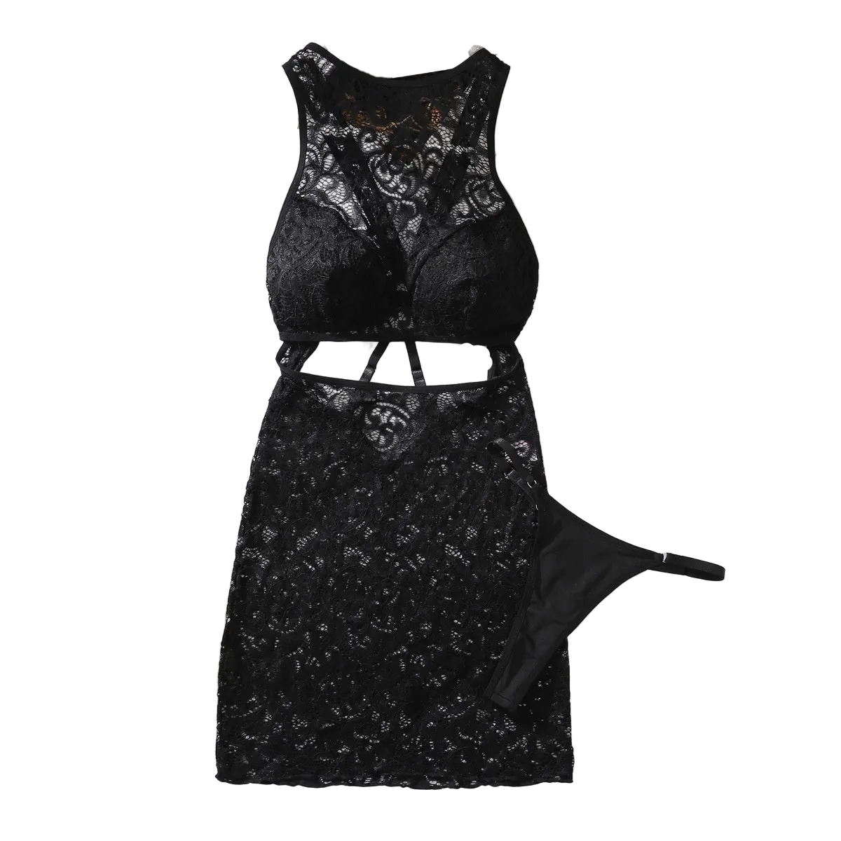 House Of Dasein Lace Two Piece Fashionable Hollow Out Backless See Through Suspender Dress - Black - S