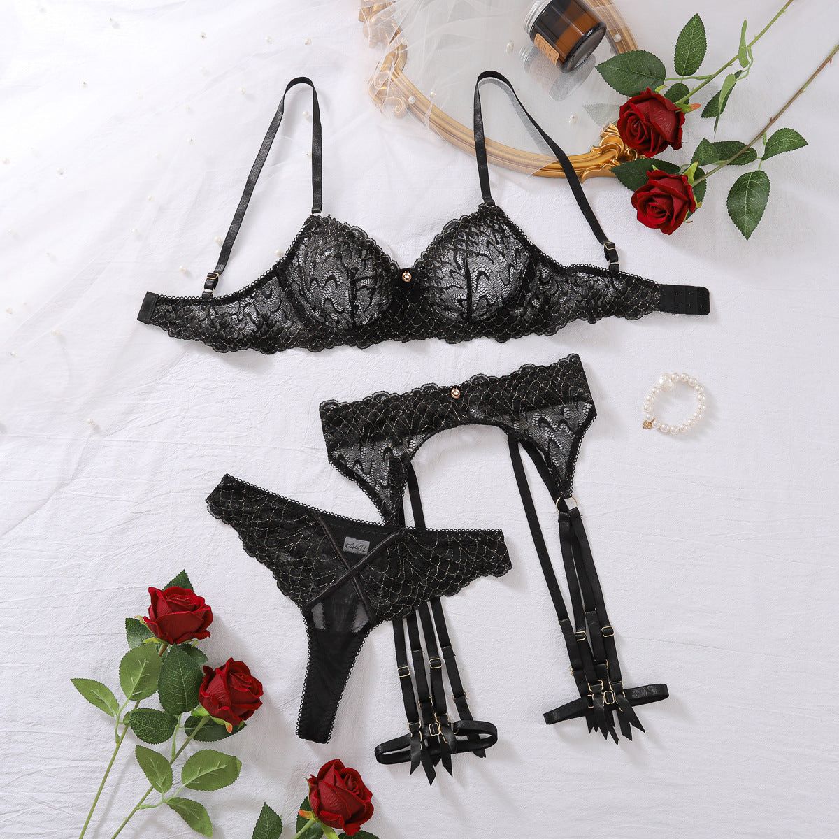 House Of Dasein Lace And Sexy Women's Bra Lingerie Four Piece Set - Black - S Main image