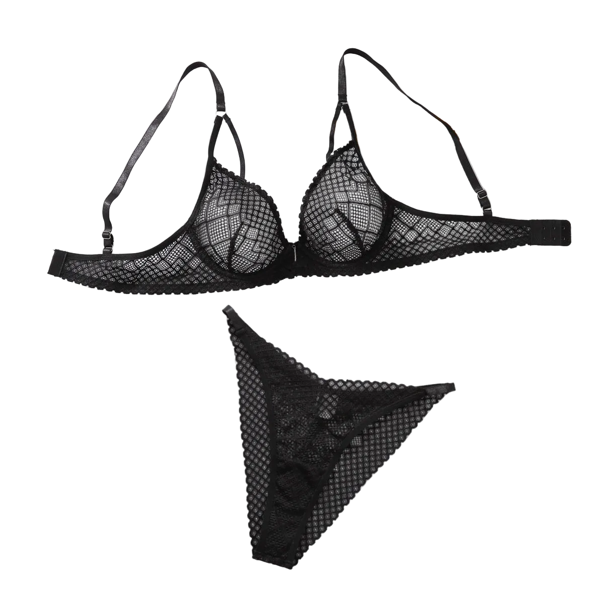 House Of Dasein Low Cut Gathered Bra Set Sexy Mesh Hollow Out Lingerie Two Piece For Women - Black - S Main image