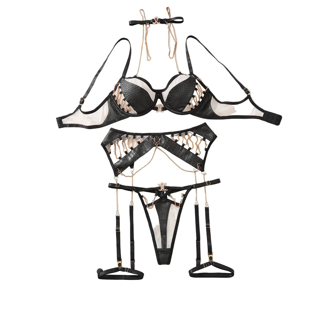 House Of Dasein Metal Chain Motorcycle Accessories Sexy Fashion Bra Splicing Complex Craftsmanship Fun Underwear Women's Wear - Black - L