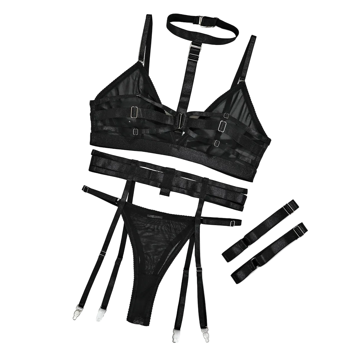 House Of Dasein Hot Selling Sexy Lingerie Three Piece Set Halter Motorcycle Gathered And Shaping Leg Straps For Women - Black - M