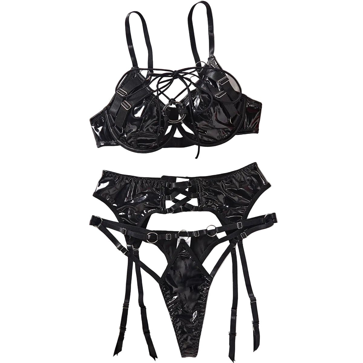 House Of Dasein Pu Leather Sexy Gathering Bra Set With Hollowed Out Backless Lingerie And Underwear Three Piece - Black - M