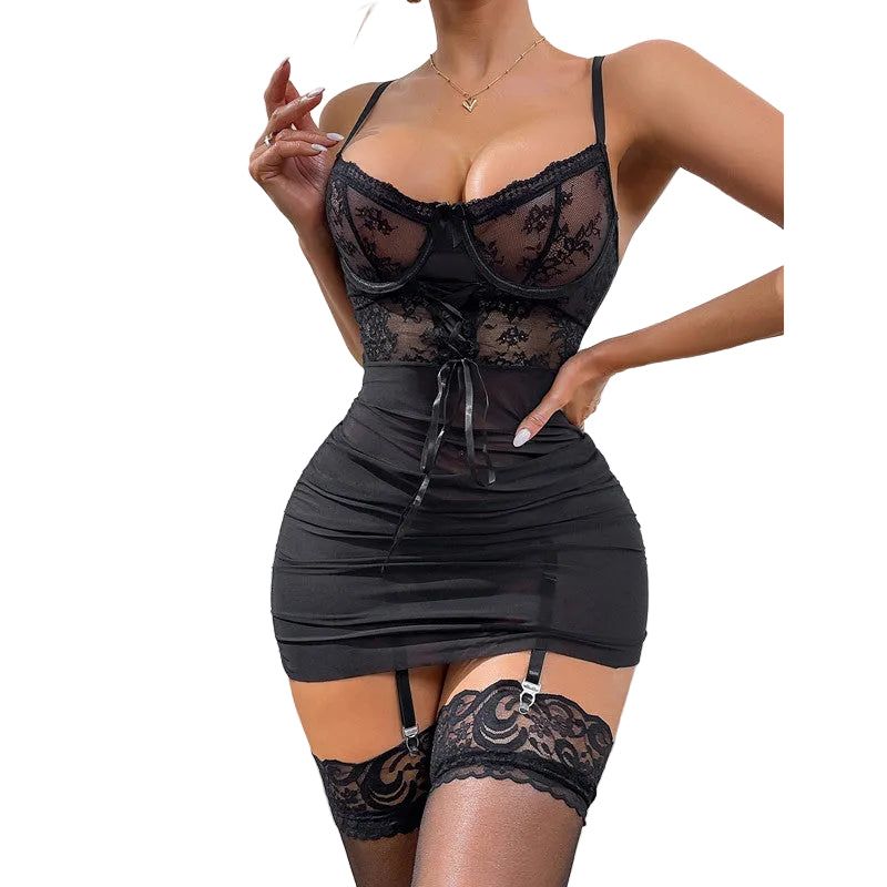 House Of Dasein Lace Sexy Romper Sheer Underwear Bodycon Skirt With Thong And Stockings - M Main image