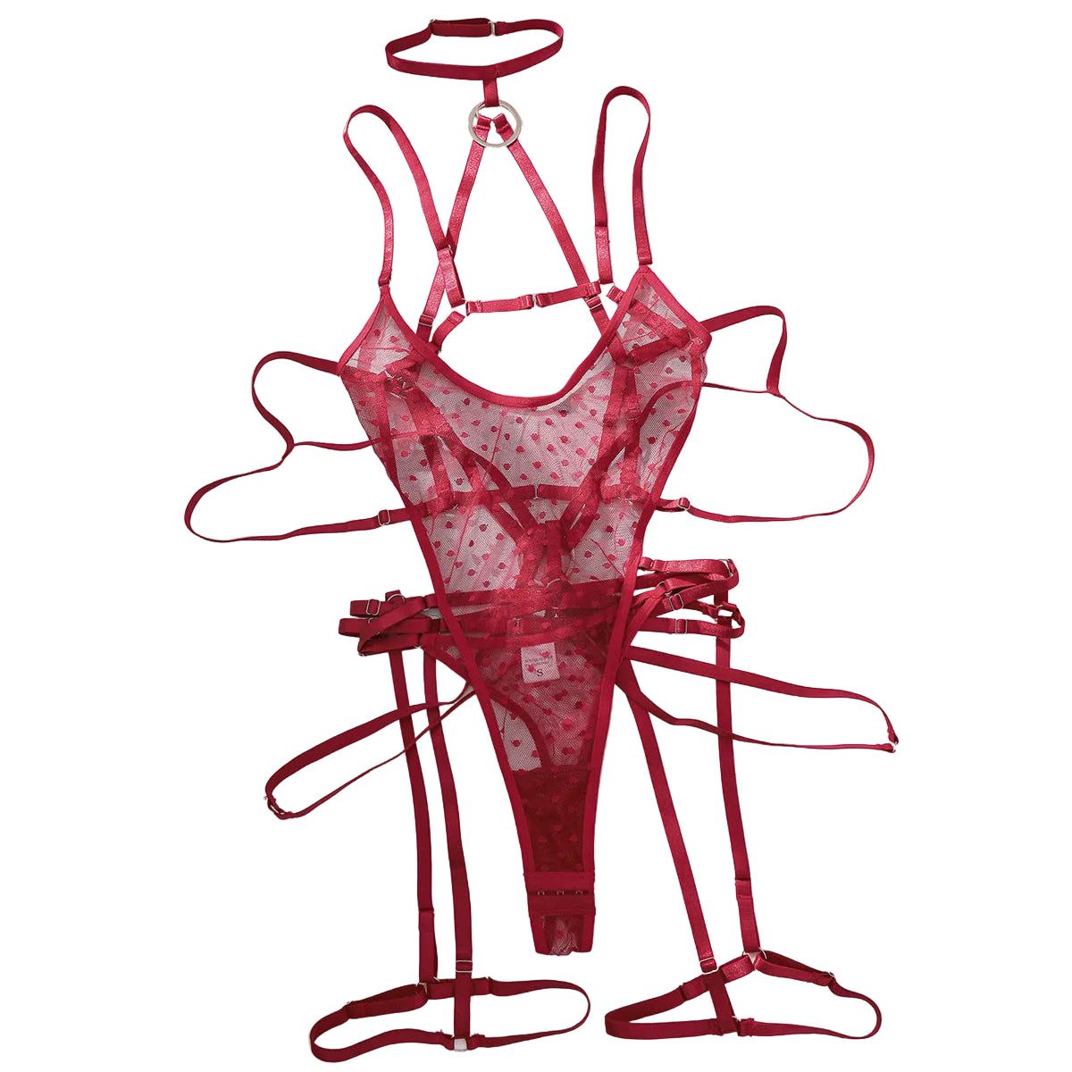 House Of Dasein Bandage Temptation Sex Set Perspective Wave Point Mesh Sexy Bareback Jumpsuit - Wine Red - S Main image