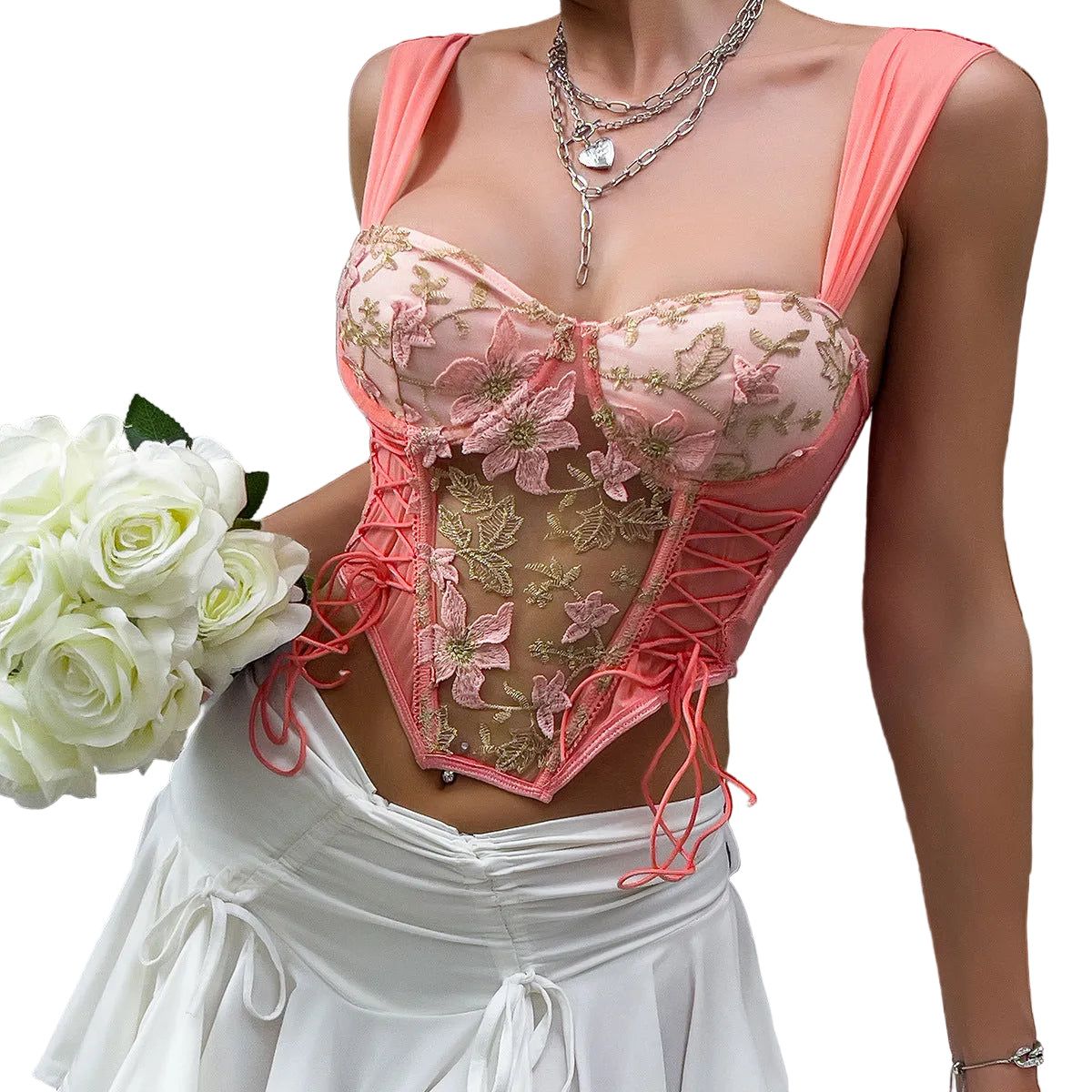 House Of Dasein Cross Border Style Spicy Girl Floral Embroidery Fitted Sexy Bra Corset Lace Up Back Top - Orange Pink - L