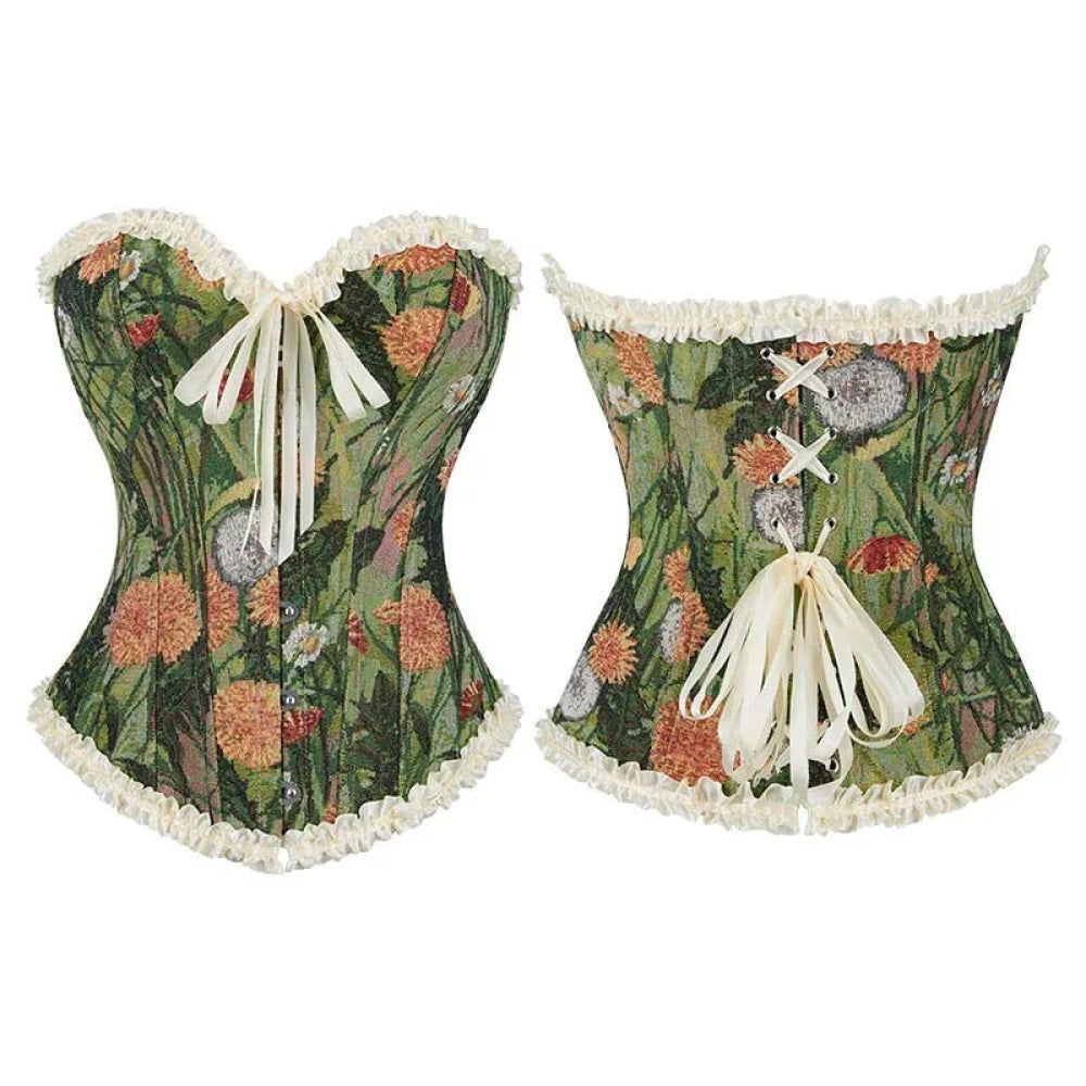 House Of Dasein Green Floral Print Boned Corset Front Busk Closure Bowknot Bandage Victorian Style Main image