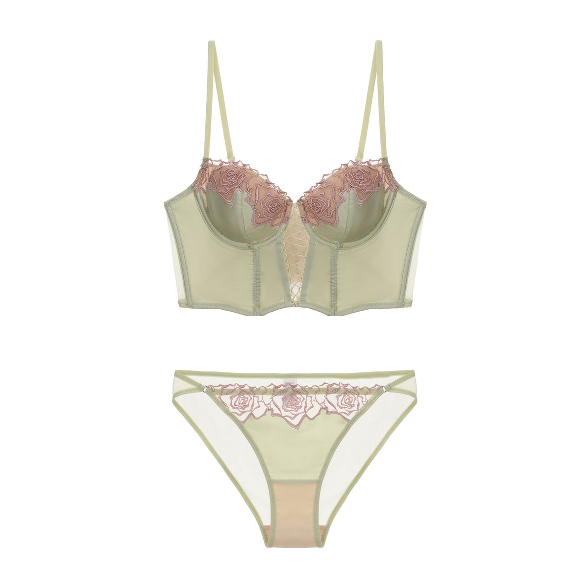 House Of Dasein Women's Rose Boned Corset Vest And American Waist Cinching Underwear Shaping Gathered French Long Slim Bra Set - Matcha Green - Xl