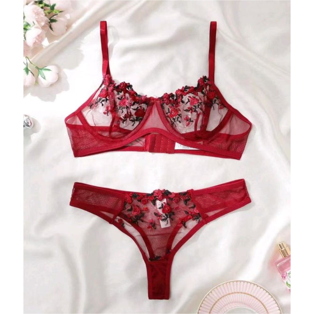House Of Dasein Women's Intimates Sweet And Sexy Low Waist Floral Embroidery Mesh Transparent Lingerie Two-Piece Set - Wine Red - M Main image