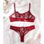 House Of Dasein Women's Intimates Sweet And Sexy Low Waist Floral Embroidery Mesh Transparent Lingerie Two-Piece Set - Wine Red - M