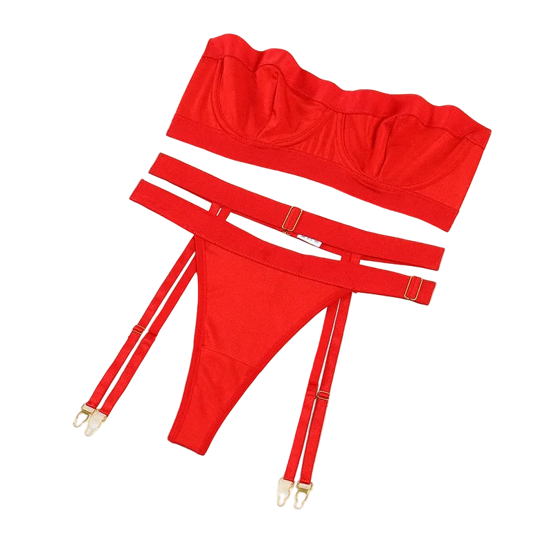 House Of Dasein Sexy Solid Color Zipper Strapless Waist Closure Lingerie Three Piece Set - Red - M