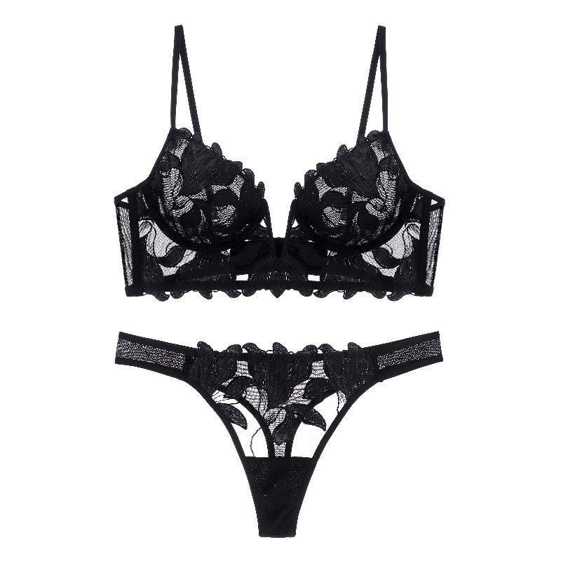 House Of Dasein Ultra-Thin Deep V Embroidered Lace Bra Set Sexy Lingerie - Black - M Main image