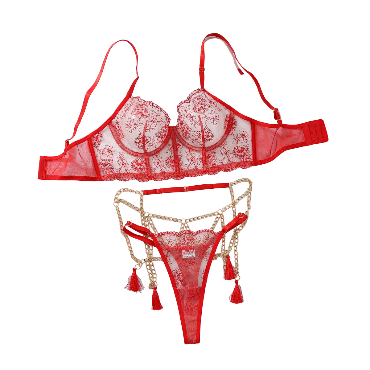 House Of Dasein Flower Embroidery Spliced Mesh Metal Chain Tassel Waistband Fun Four Piece Set - Red - M