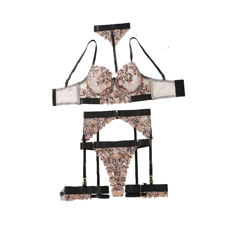 House Of Dasein 5 Set Embroidered Leopard Print Lingerie - Black Leopard Pattern Color - M Main image