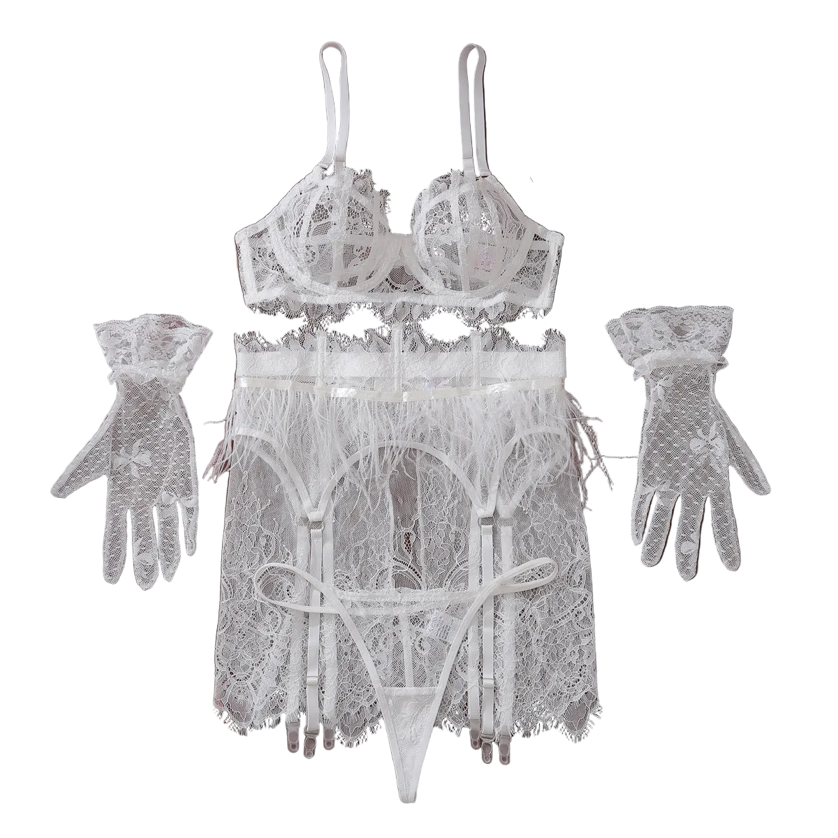 House Of Dasein Lace Splicing Perspective Bra Set - White - M
