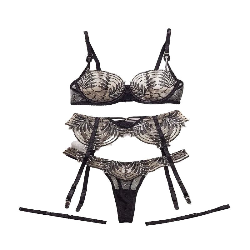 Embroidered Lace Splicing Polka Dot Mesh Sexy Lingerie Four Piece Set - Black Skin Color - M