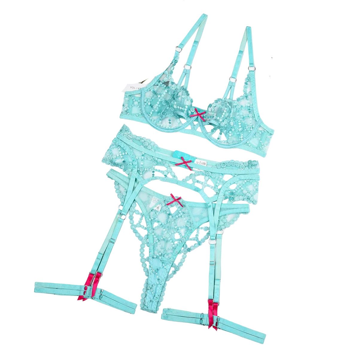 House Of Dasein Embroidered Mesh Splicing Perspective Sexy Lingerie Four Piece Set - Green - L